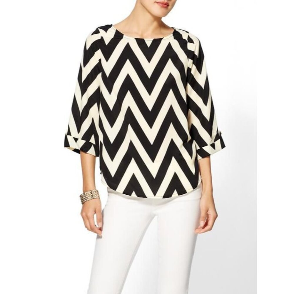 Chevron Pattern Pink & White 3/4 Sleeve Blouse With Buttoned Cuff